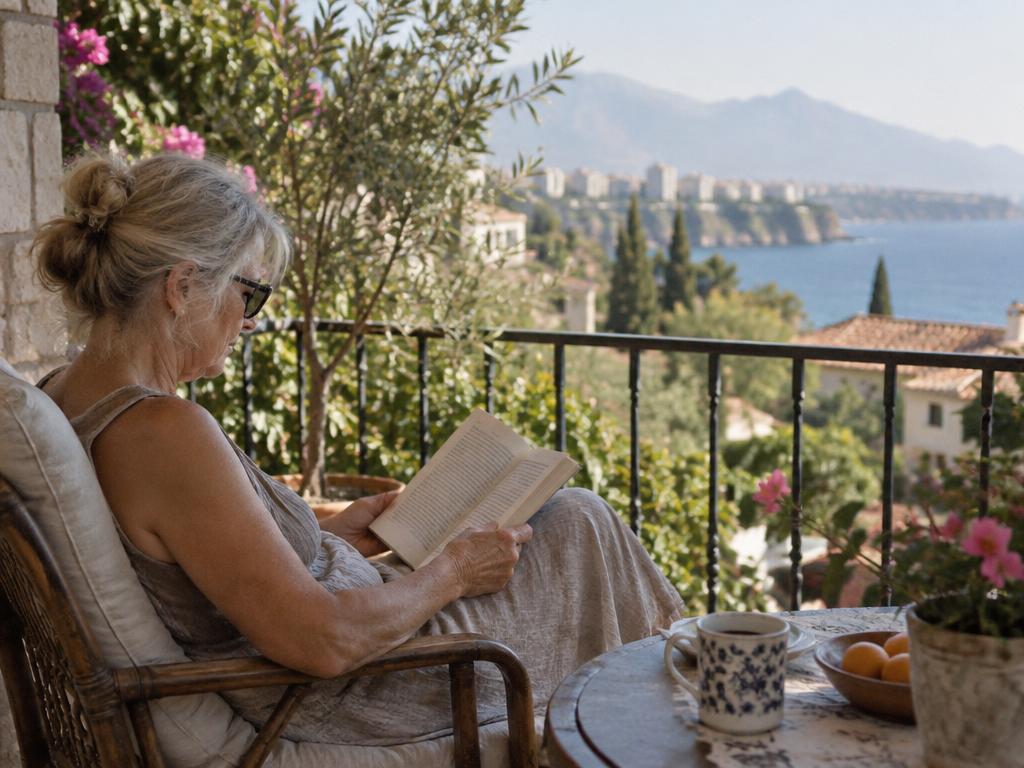 Balkonda kitap okuyan orta yaş üstü bir kadın